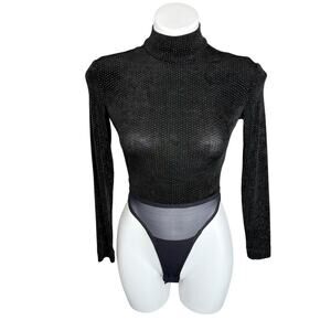 Vintage 90s Caché Black Rhinestone Mock Neck Bodysuit XS Made in USA